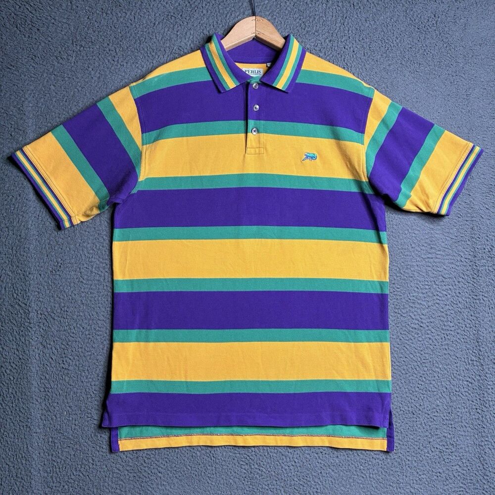 Vintage Perlis Crawfish Polo Shirt Mardi Gras Stripes Purple Green Gold Medium